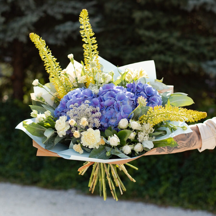 Hydrangea and Carnations Creme Blue Bouquet – Elegant Hand-Tied | Bambi