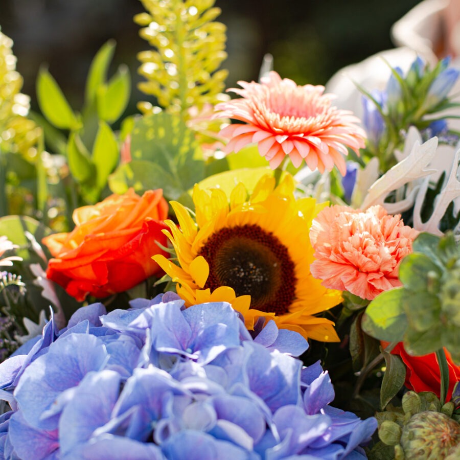 Hydrangea and Sunflowers Pastel Summer Bouquet – Colourful Hand-Tied | Bambi