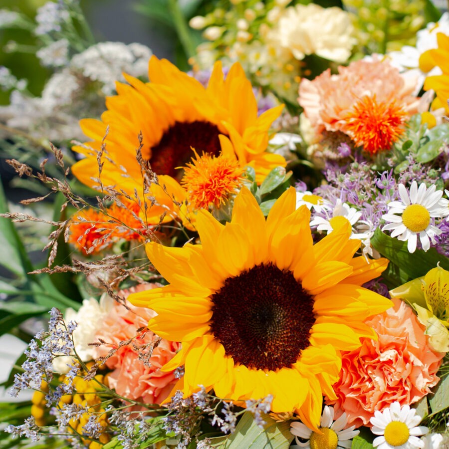 Sunflowers and Carnations Flower Garden Bouquet – Colourful Hand-Tied | Bambi