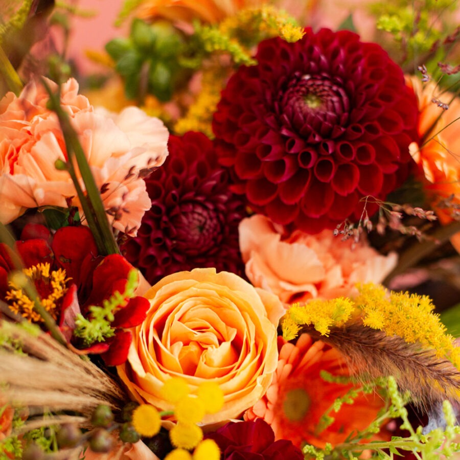 Dahlias and Roses Amber Autumn Bouquet – Warm Hand-Tied | Bambi