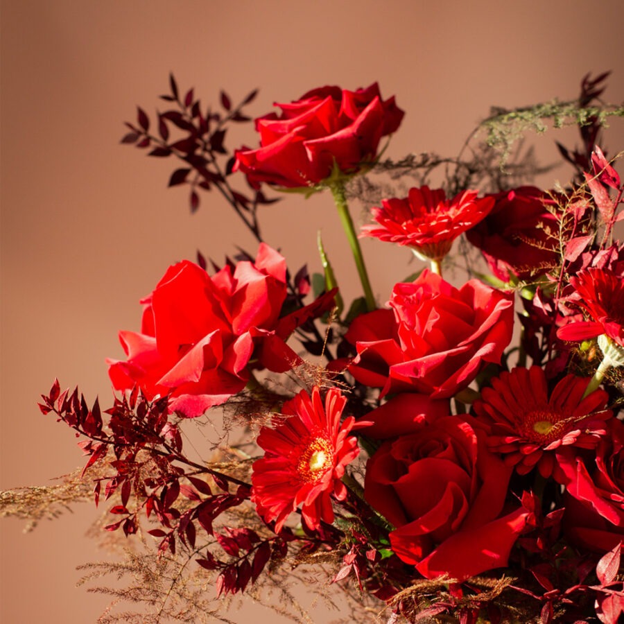 Roses and Gerberas Deep Love Bouquet – Red Hand-Tied | Bambi