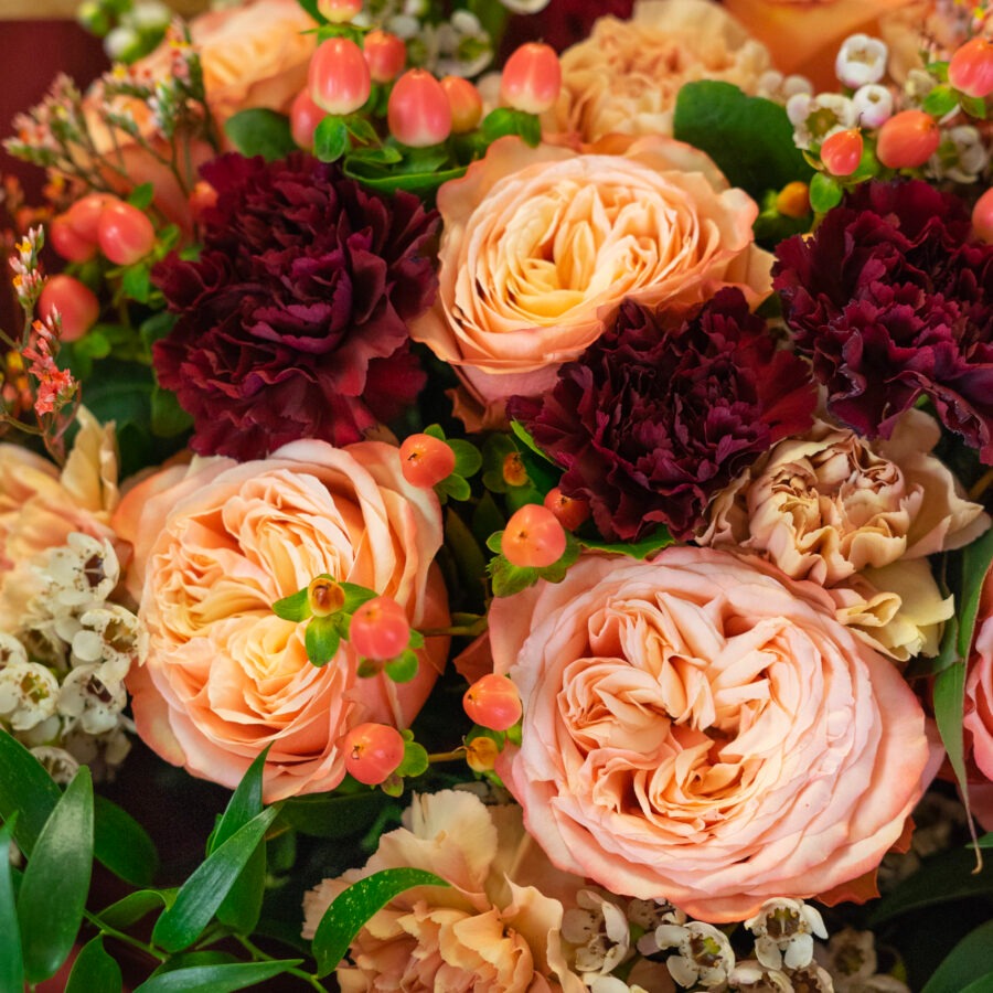 Roses and Carnations Be Mine Bouquet – Peach and Red Hand-Tied | Bambi