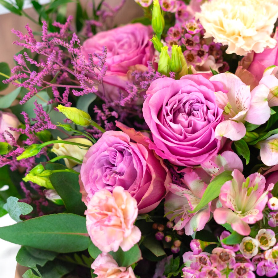 Roses and Lisianthus First Kiss Bouquet – Pink and Cream Hand-Tied | Bambi