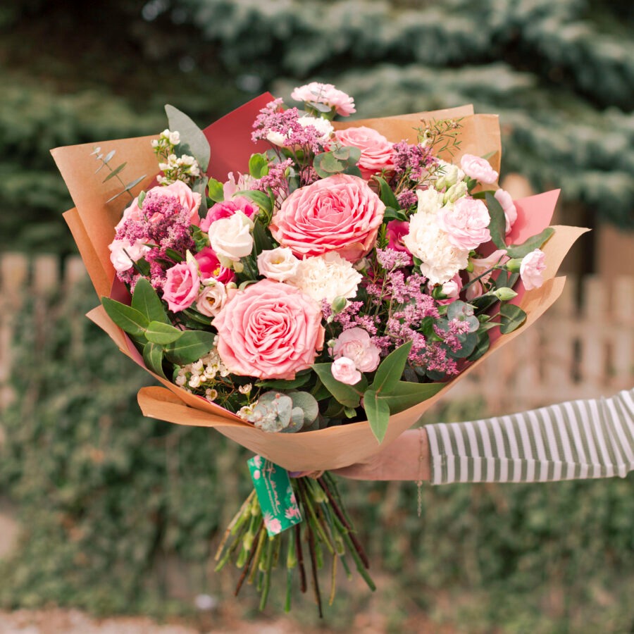 Roses and Lisianthus Summer Love Bouquet – Pink and White Hand-Tied | Bambi