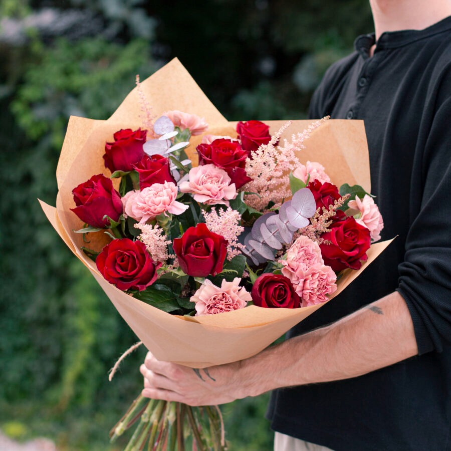 Roses and Carnations Noble Rose Bouquet – Red and Pink Hand-Tied | Bambi