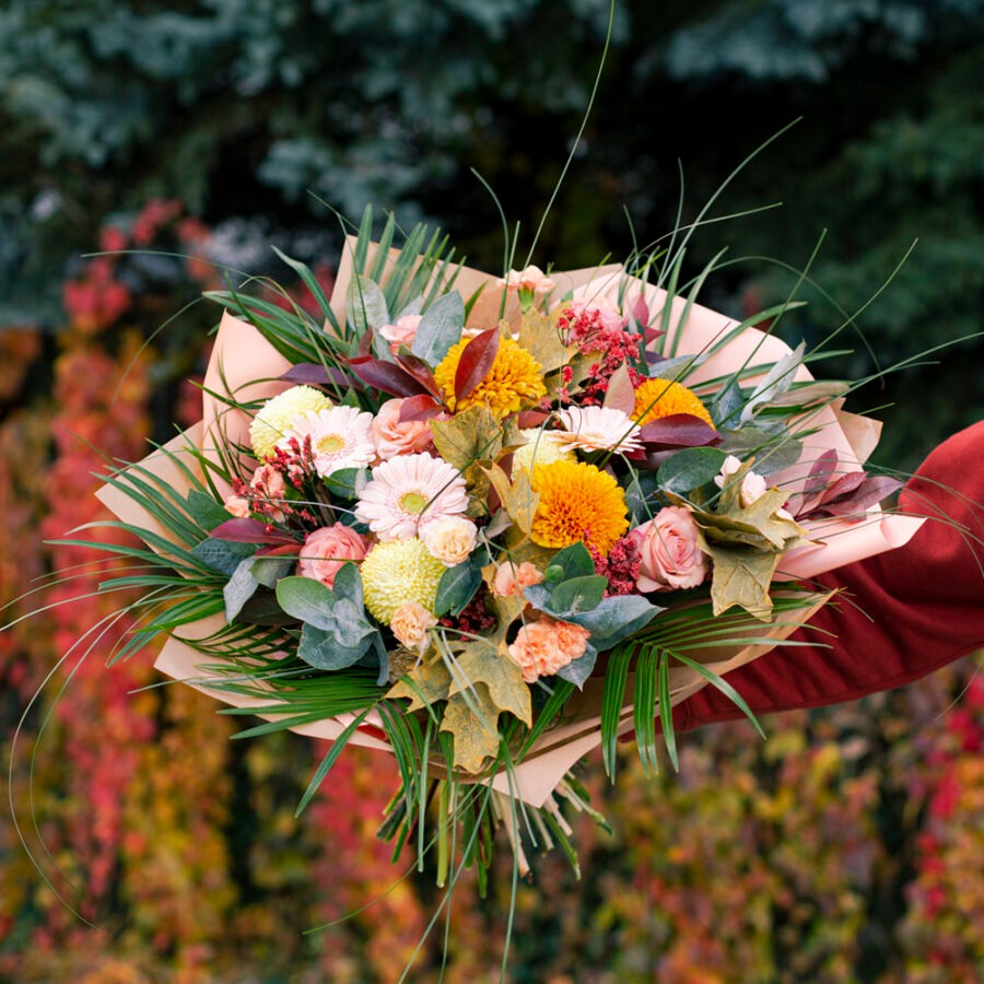 Roses and Gerberas Golden Bouquet – Autumn Tones Hand-Tied | Bambi