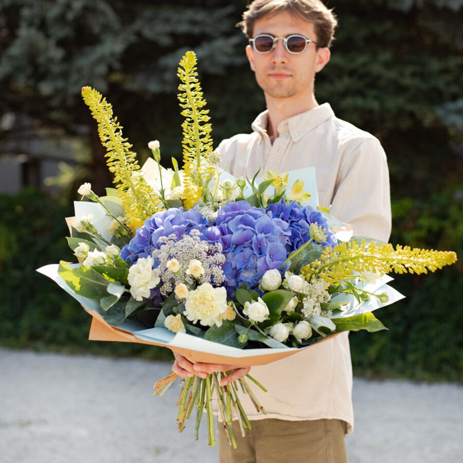 Hydrangea and Carnations Creme Blue Bouquet – Elegant Hand-Tied | Bambi