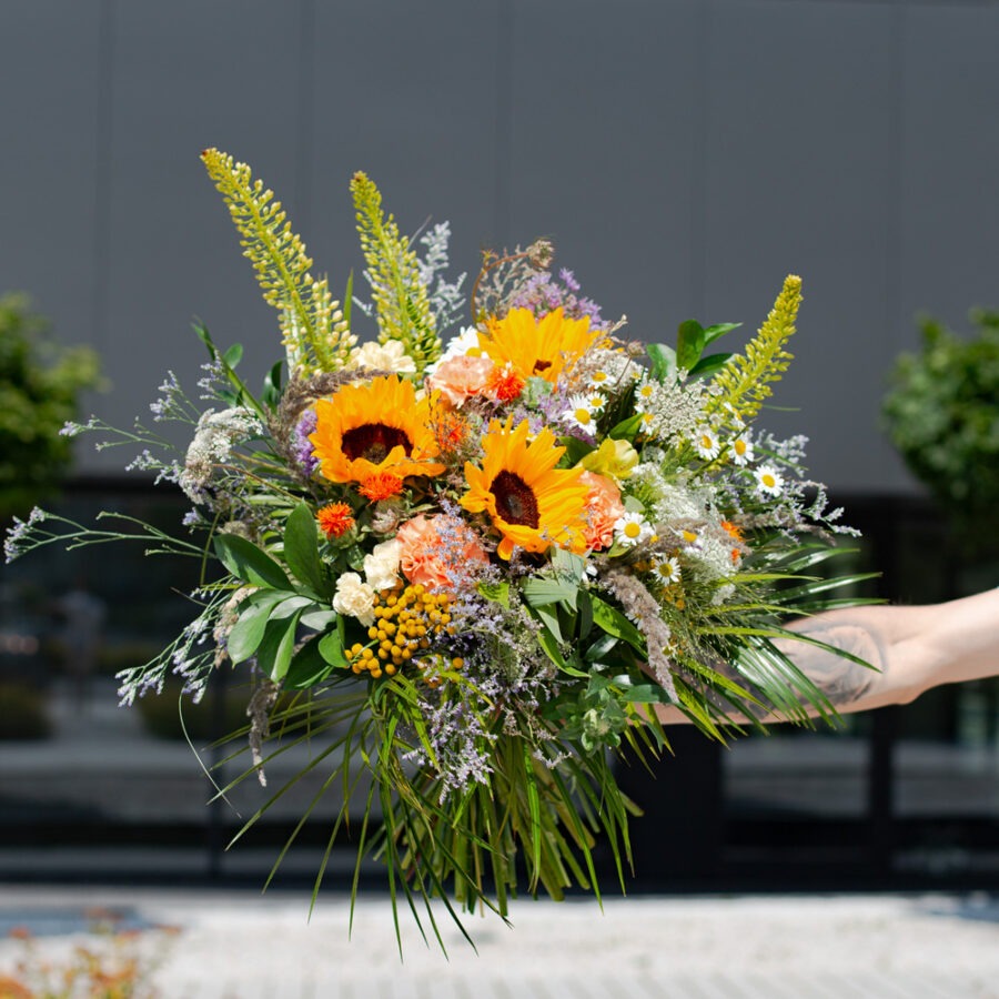 Sunflowers and Carnations Flower Garden Bouquet – Colourful Hand-Tied | Bambi
