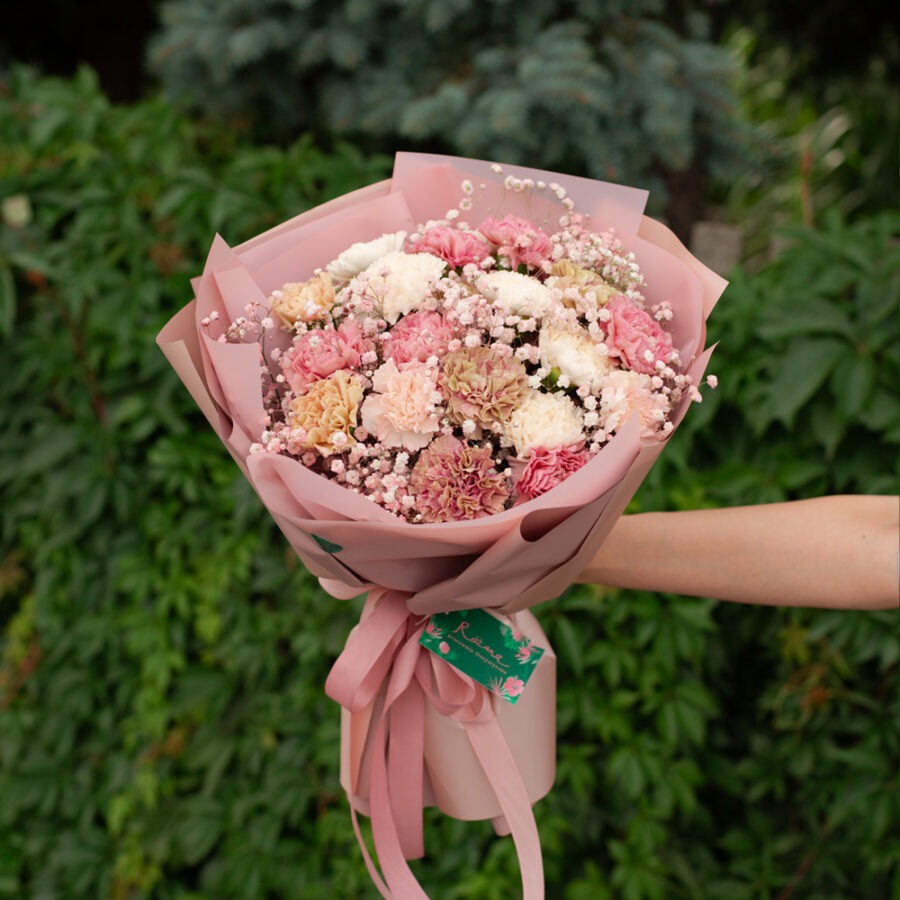 Carnations & Baby’s Breath Bouquet – Elegant Hand-Tied Bouquet | Bambi - Bambi