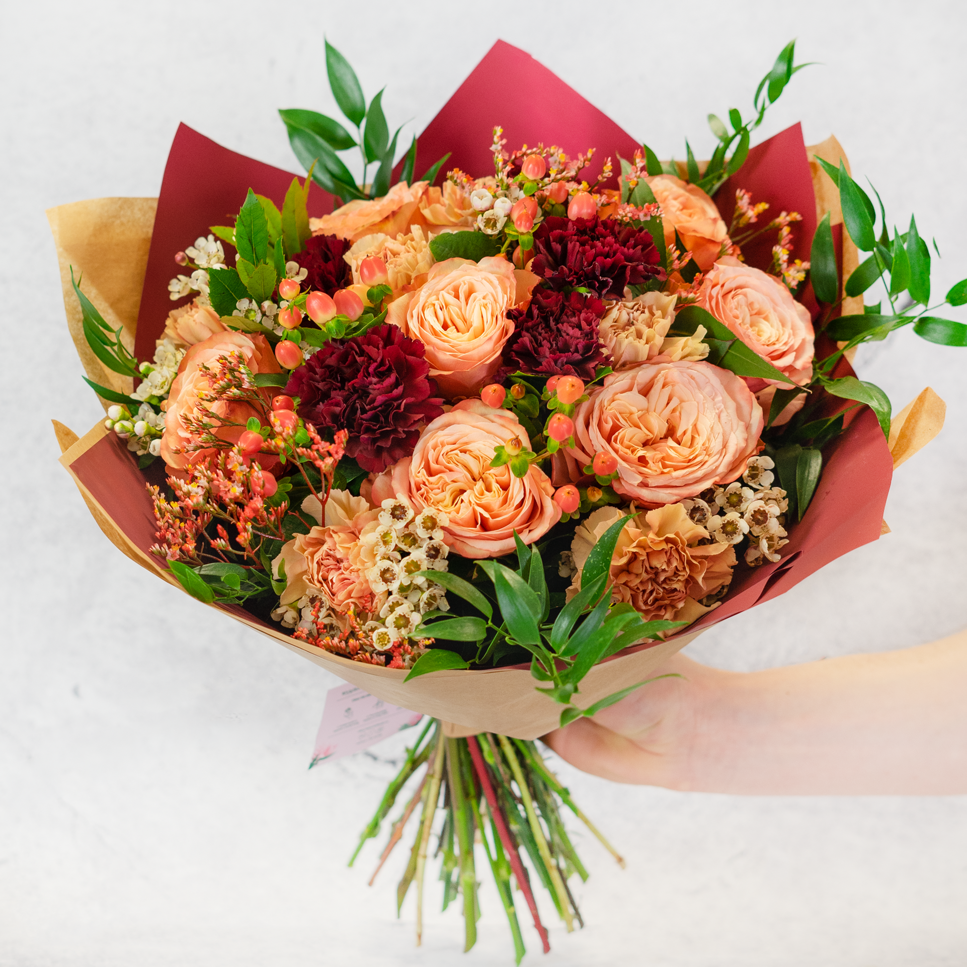 Roses and Carnations Be Mine Bouquet – Peach and Red Hand-Tied | Bambi