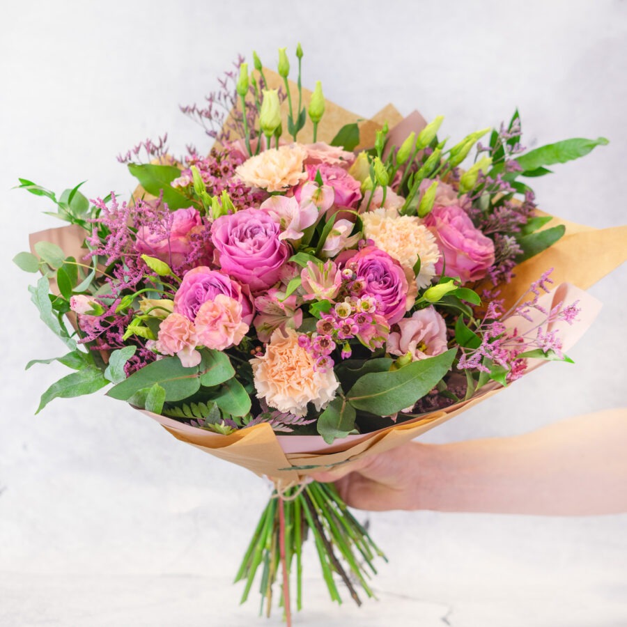 Roses and Lisianthus First Kiss Bouquet – Pink and Cream Hand-Tied | Bambi