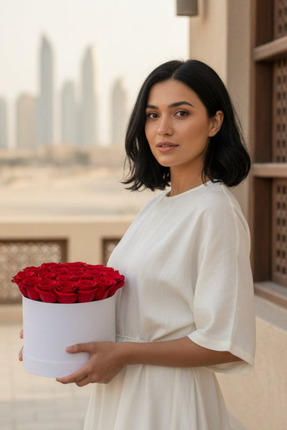 Woman holding a box of red roses on a rooftop with city skyline in the background
