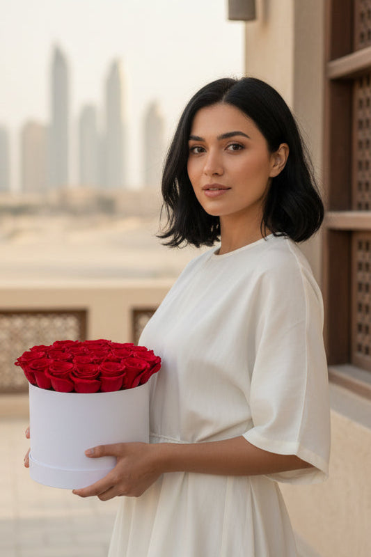 Woman holding a box of red roses on a rooftop with city skyline in the background