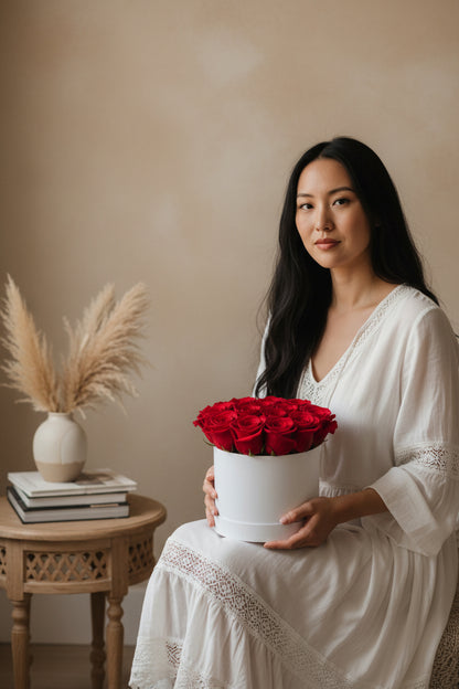 Woman in a white dress holding a pot of red roses against a beige wall.