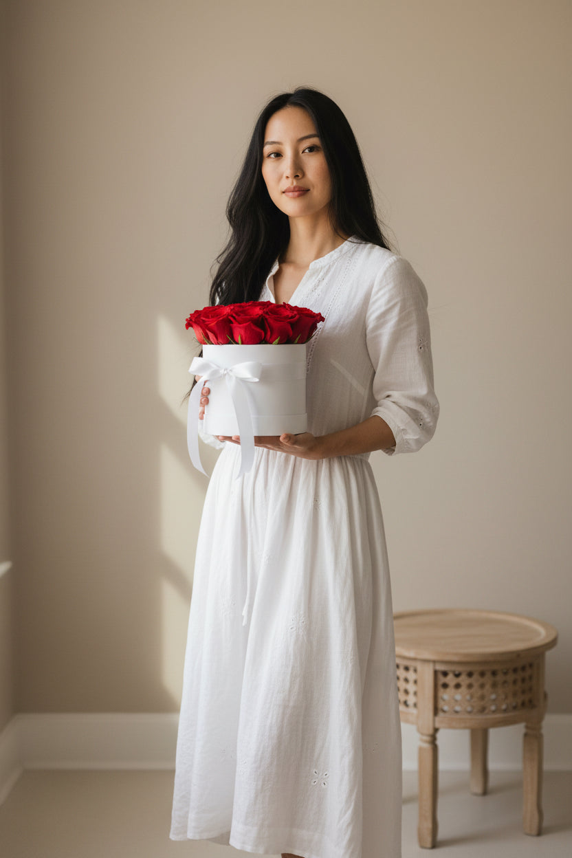 Woman in a white dress holding a box of red roses against a beige wall.