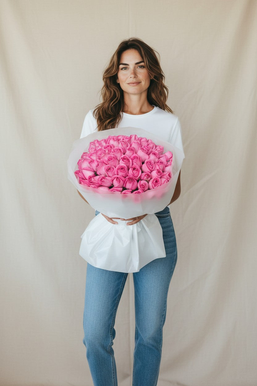 Woman holding a large bouquet of pink roses against a plain background