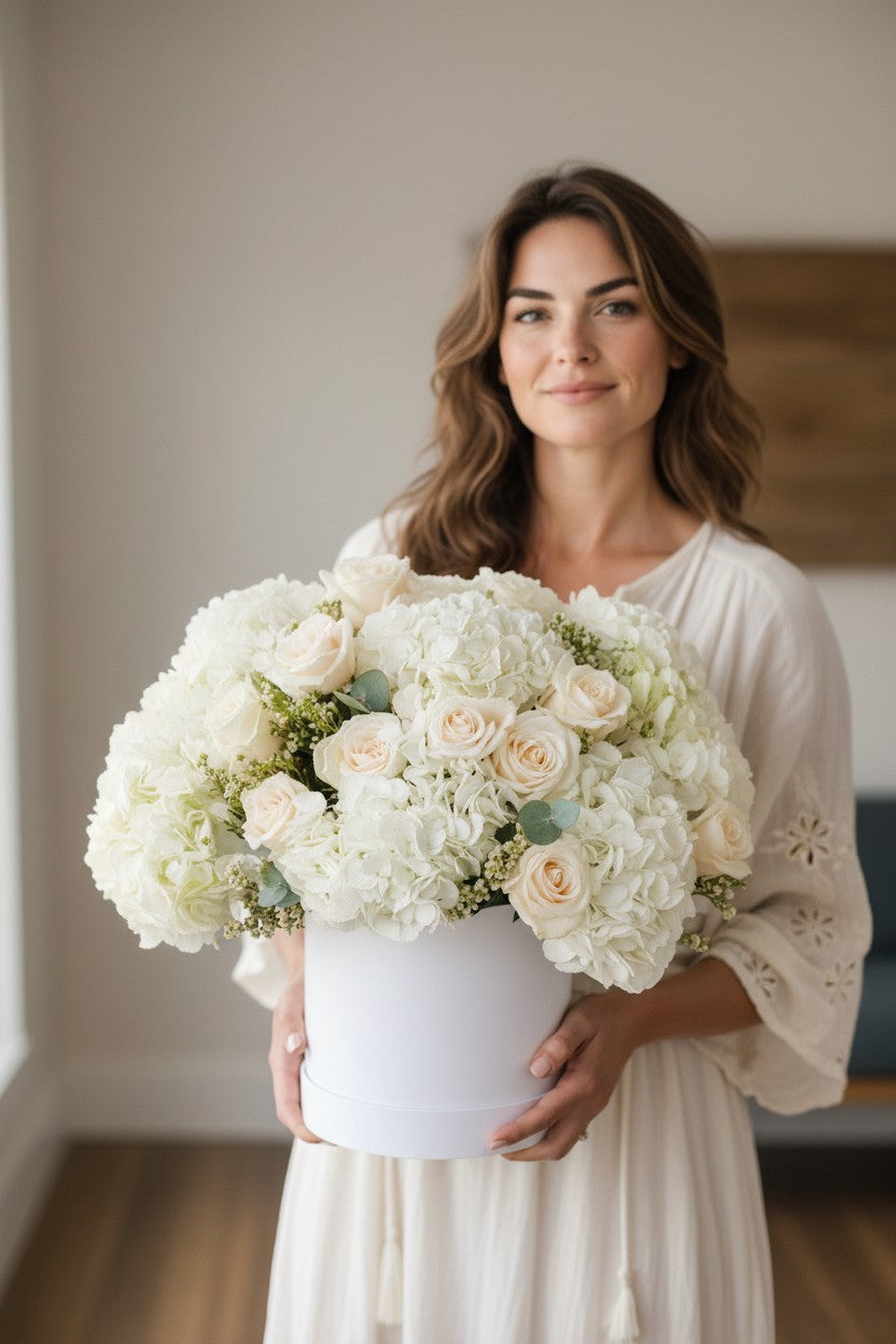 Woman holding a large bouquet of white and light pink flowers in a room with neutral decor.