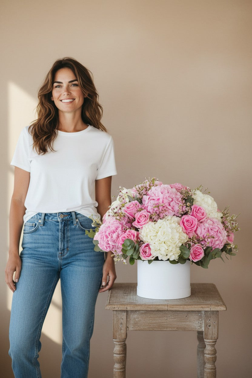 Woman standing next to a table with a large bouquet of pink and white flowers against a beige wall.