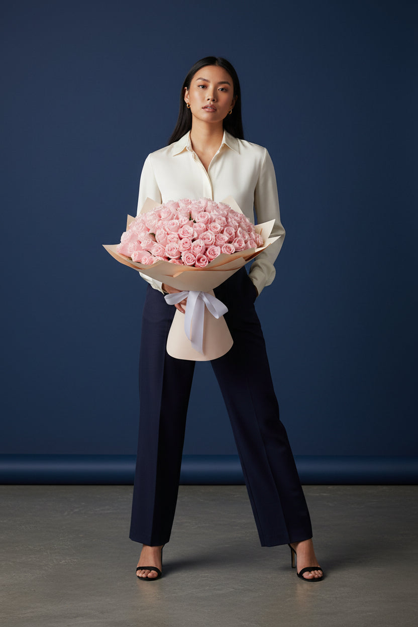 Woman holding a large bouquet of pink roses against a blue background