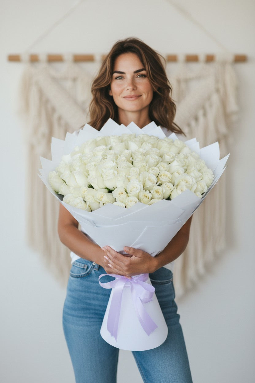 100 White Roses Bouquet