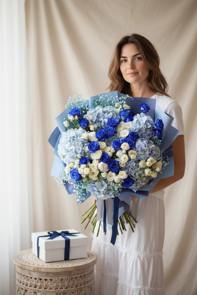 Blue & White Rose Hydrangea Bouquet