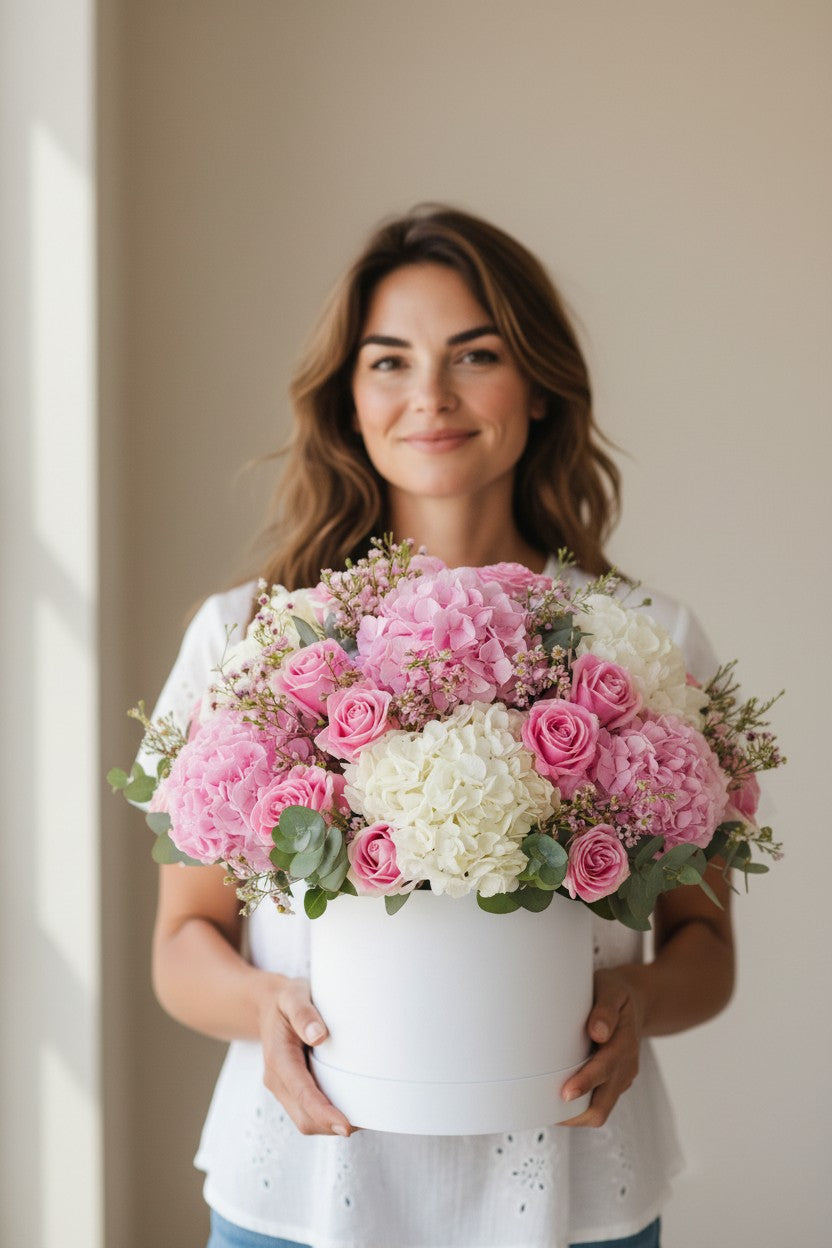 Woman holding a large bouquet of pink and white flowers in a box against a neutral background