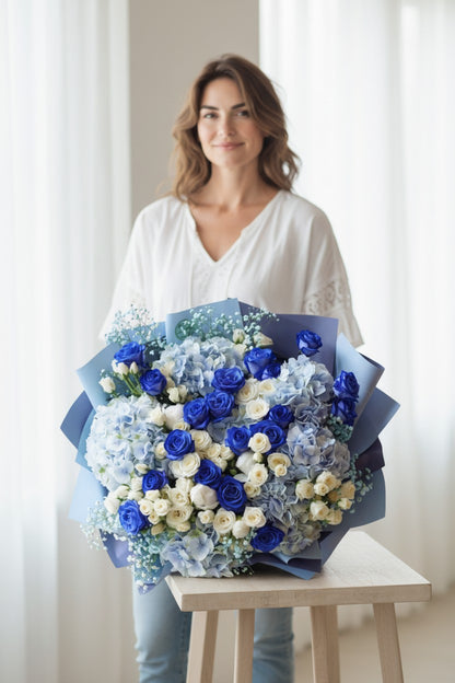 Blue & White Rose Hydrangea Bouquet