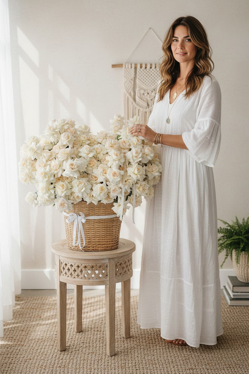 Woman in a white dress standing next to a table with a large bouquet of white flowers in a room with white walls and a plant.