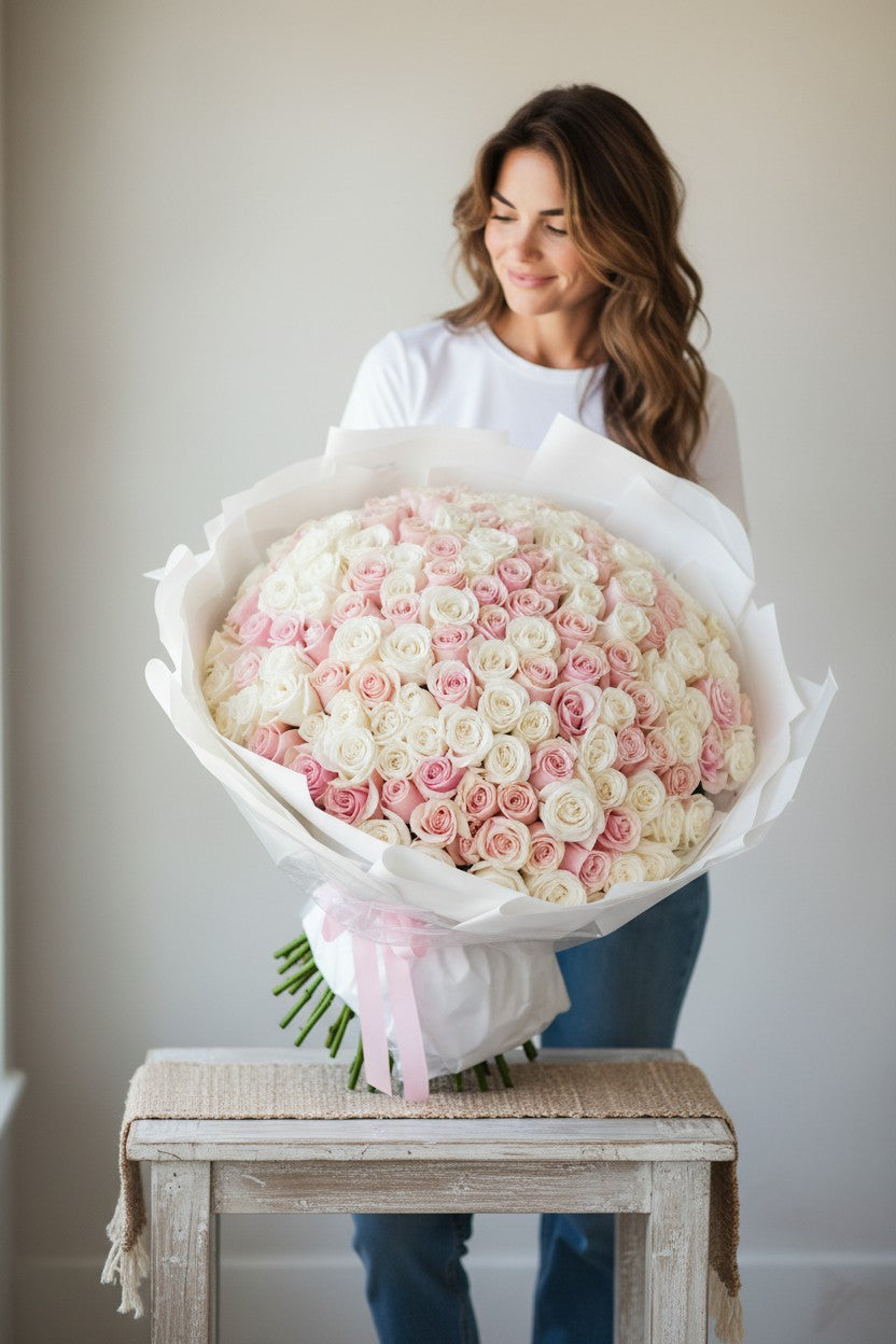 Woman holding a large bouquet of pink and white roses in a white room.