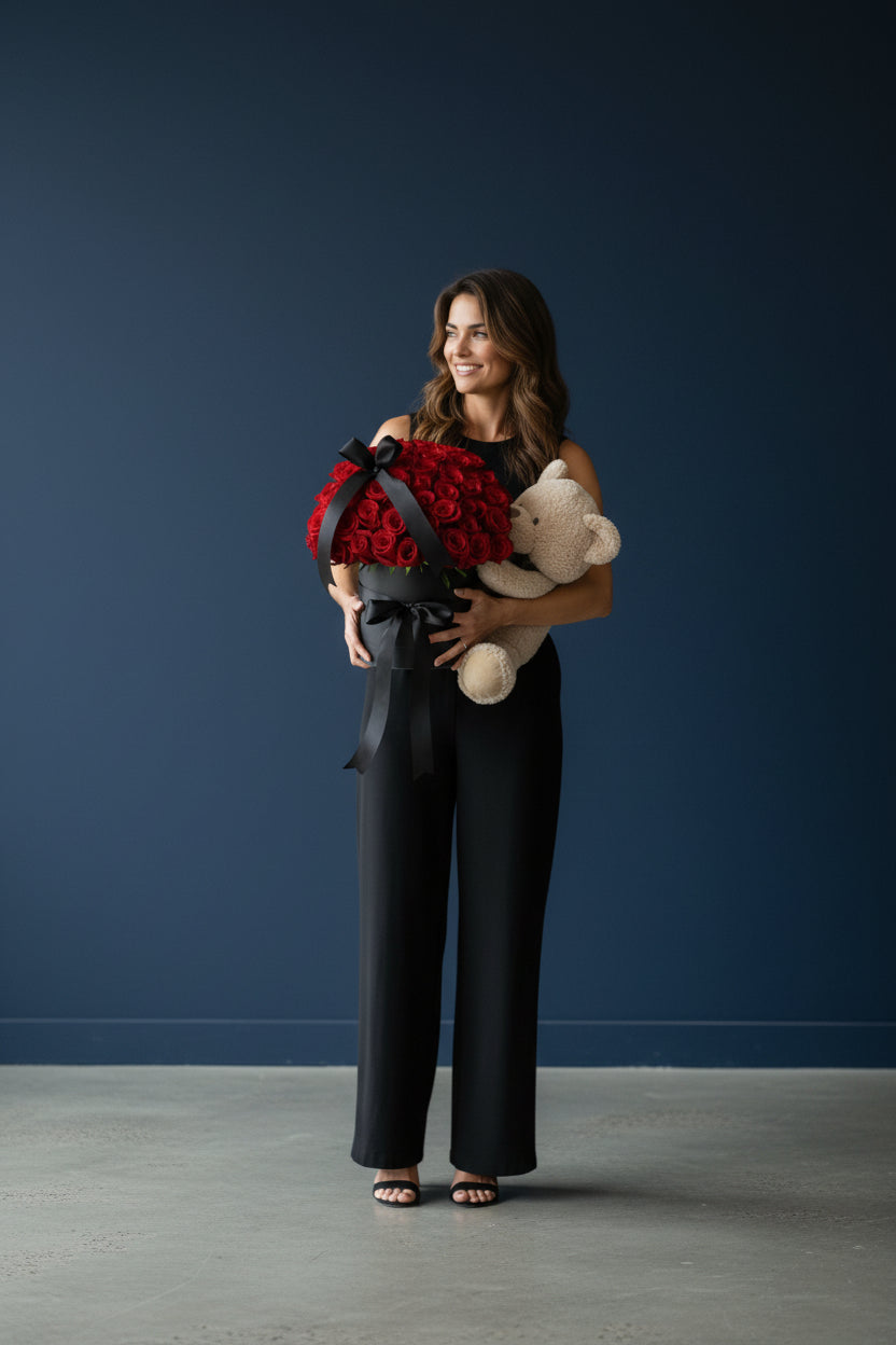 51 Red Roses Box with Teddy Bear