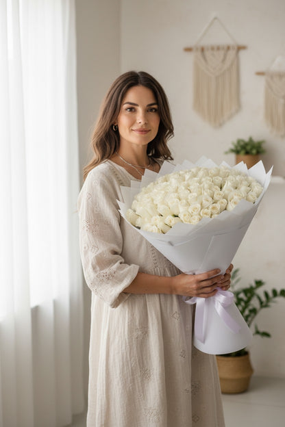 100 White Roses Bouquet