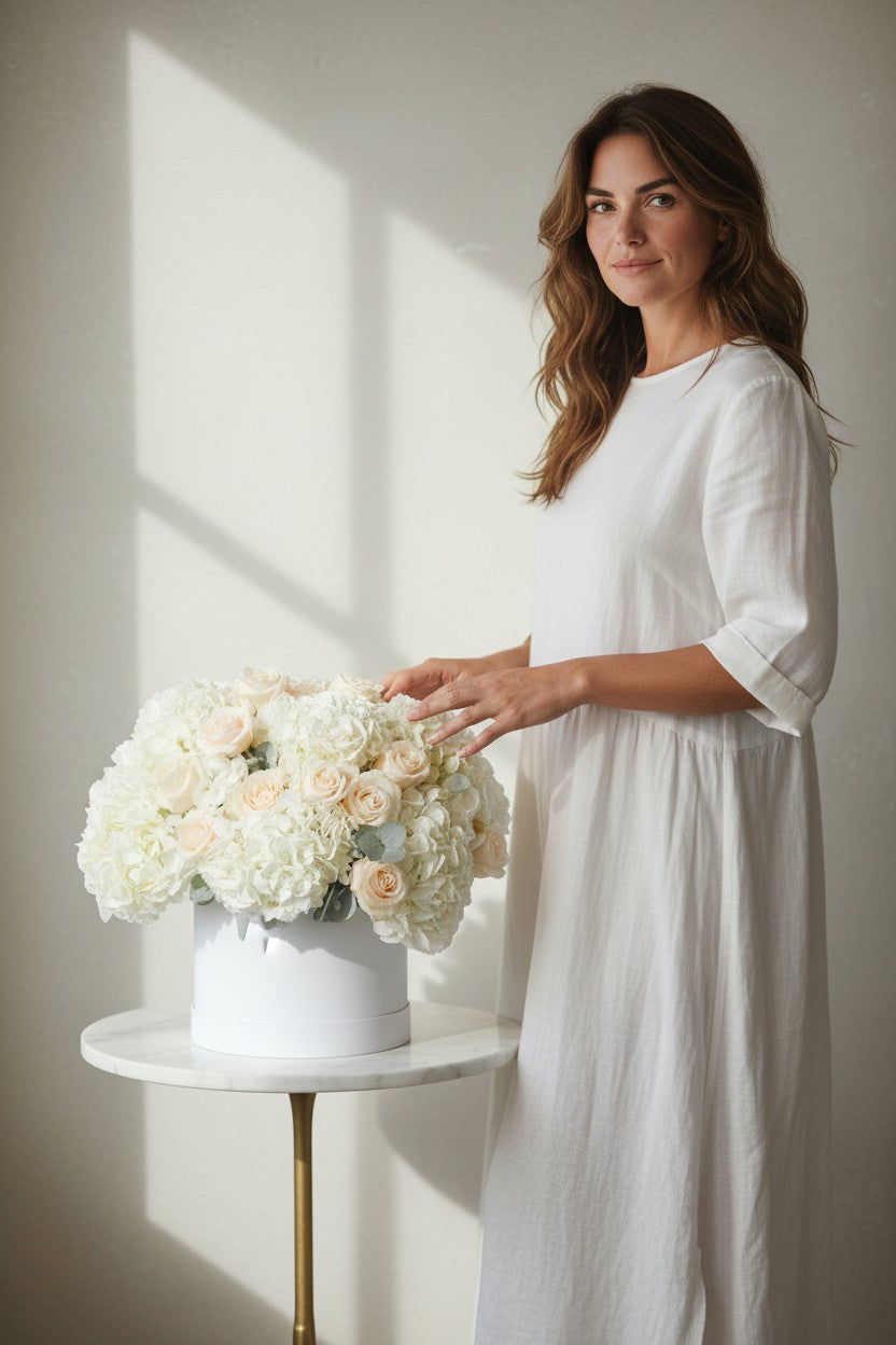 Woman in a white dress holding a bouquet of flowers in a softly lit room.