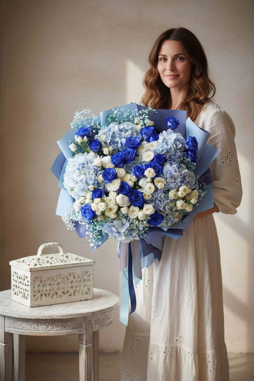 Blue & White Rose Hydrangea Bouquet