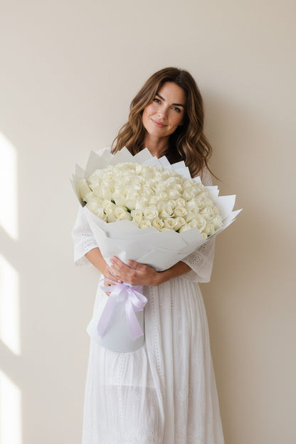 100 White Roses Bouquet