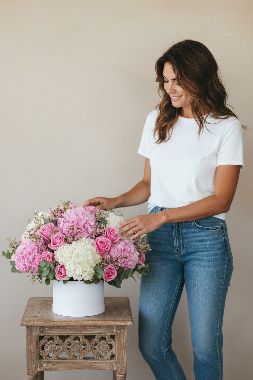 Woman holding a bouquet of pink and white flowers next to a wooden table with a floral arrangement.