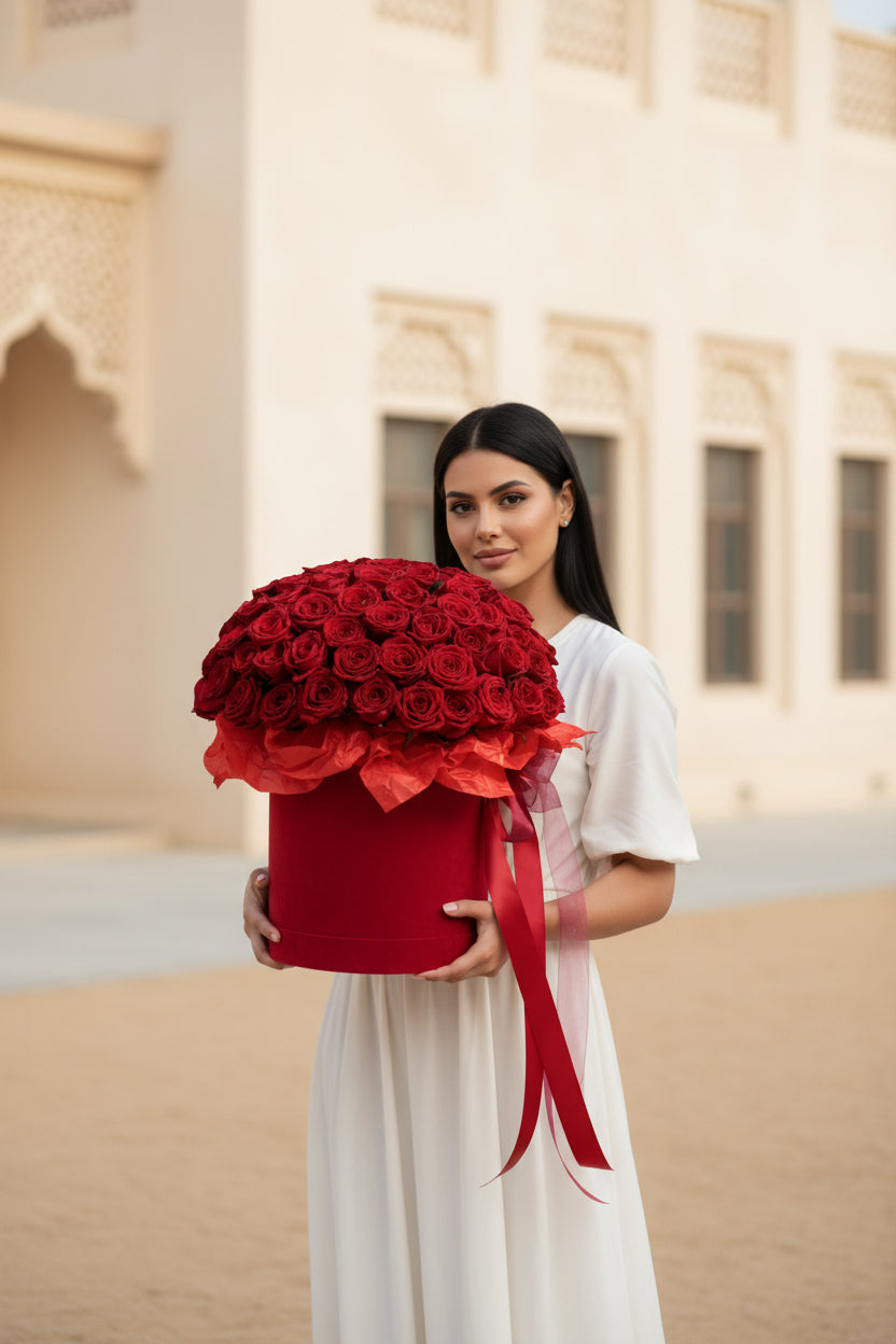 Woman holding a large bouquet of red roses in an outdoor setting with architectural elements.
