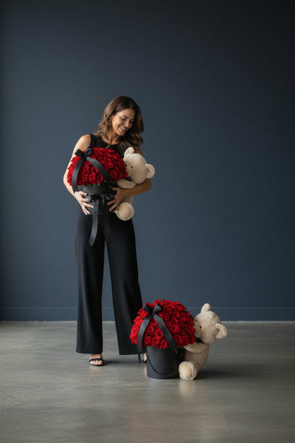 51 Red Roses Box with Teddy Bear