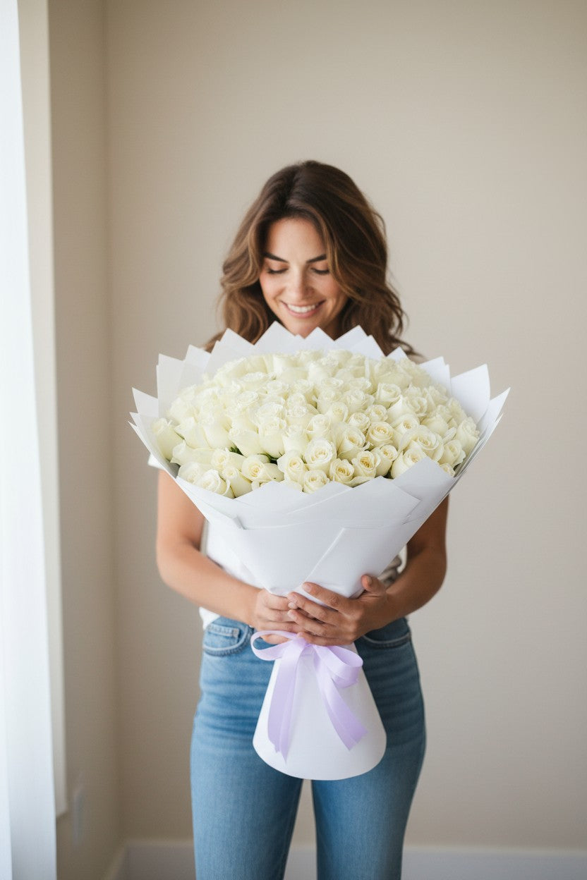 100 White Roses Bouquet