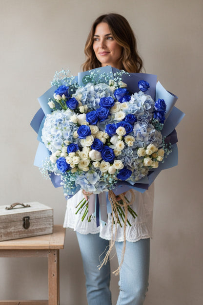 Blue & White Rose Hydrangea Bouquet