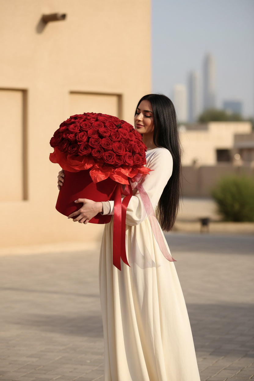 Woman holding a large bouquet of red roses in an outdoor setting with buildings in the background.