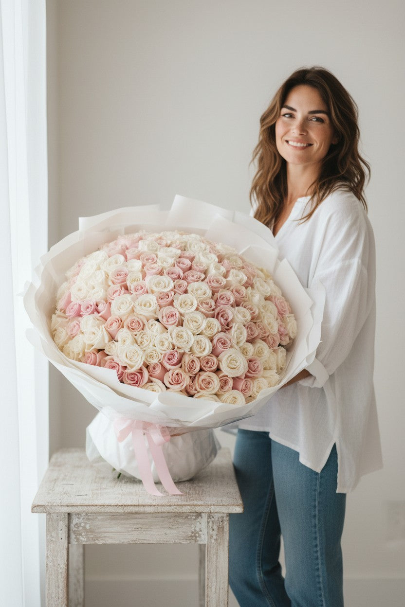 Woman holding a large bouquet of pink and white roses in a bright room.