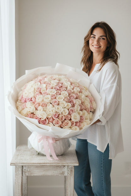 Woman holding a large bouquet of pink and white roses in a bright room.