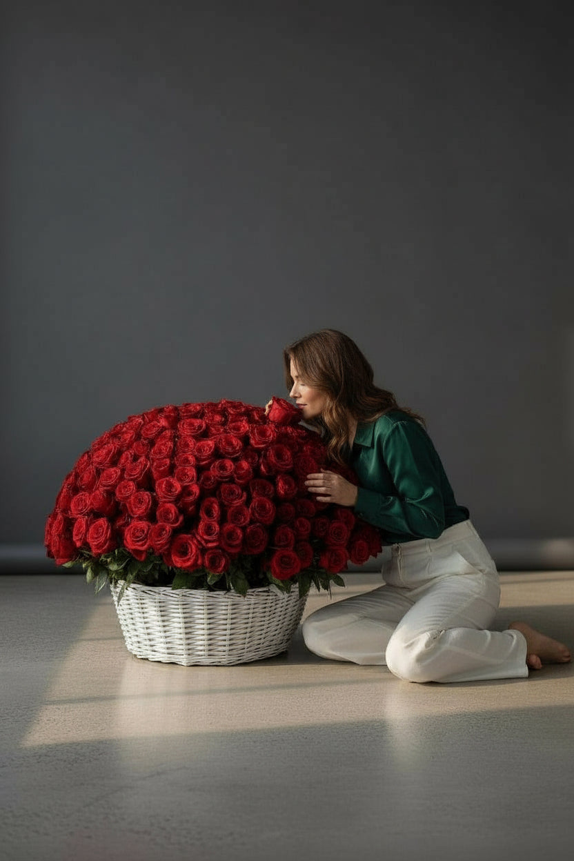 Woman kneeling next to a large basket of red roses against a gray background
