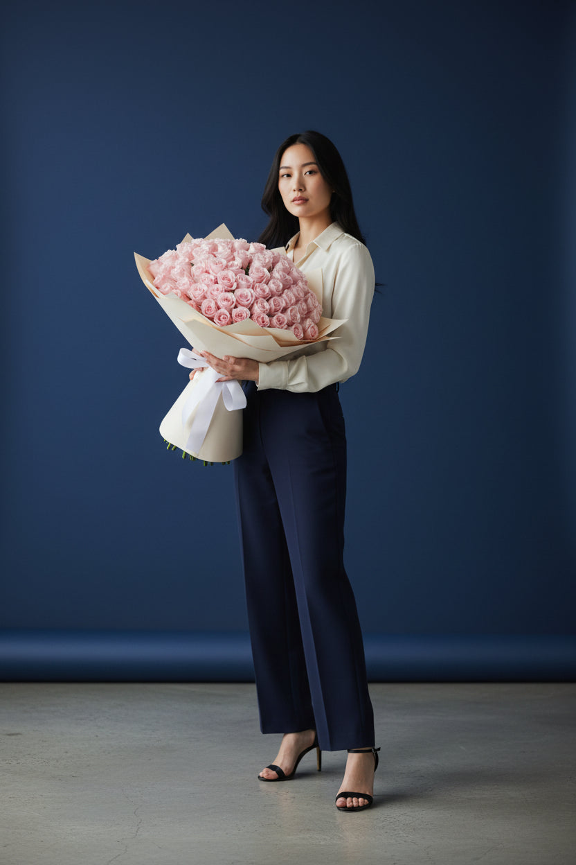 Woman holding a large bouquet of pink roses against a blue background