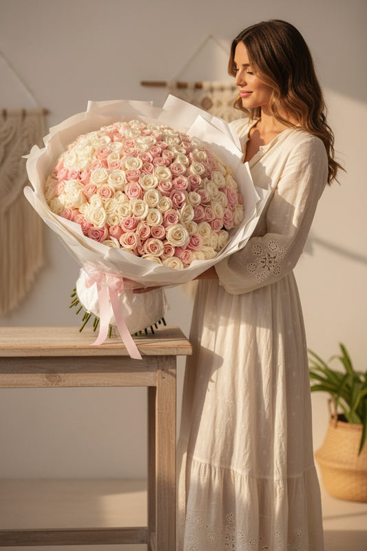 Woman holding a large bouquet of pink and white roses in a softly lit room.