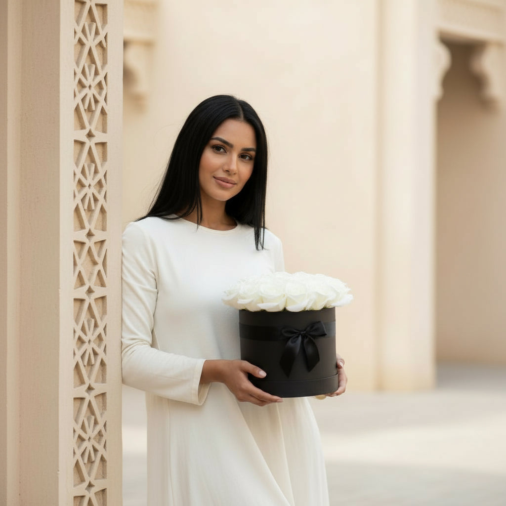 Woman holding a black box with white flowers against a neutral background