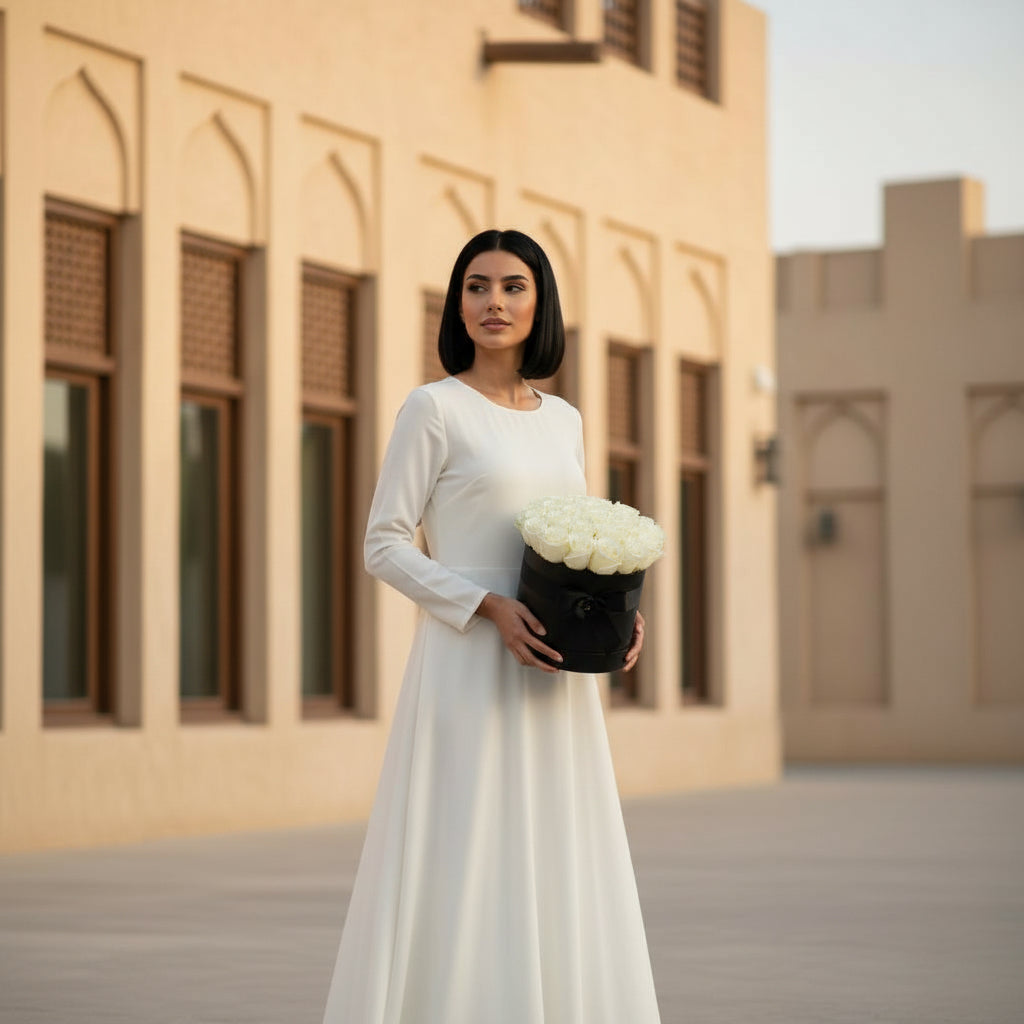 Woman in a white dress holding a black box of white flowers in front of a beige building.